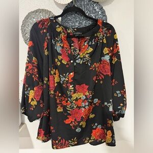 New York & Company Black Blouse with Red and Yellow Floral Design